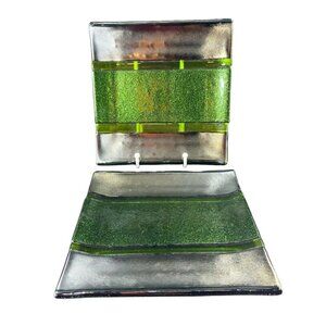 Hand Made Fused Dichroic Art Glass Square Dish Plate Green Silver Iridescent Set